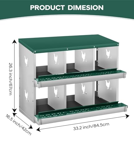 6 Compartment Chicken Nesting Box, Heavy Duty Metal Laying Box with Perch, Easy Assembly & Easy Clean for Outdoor Chicken Coop, Green - color: Green, size: 6 Compartment