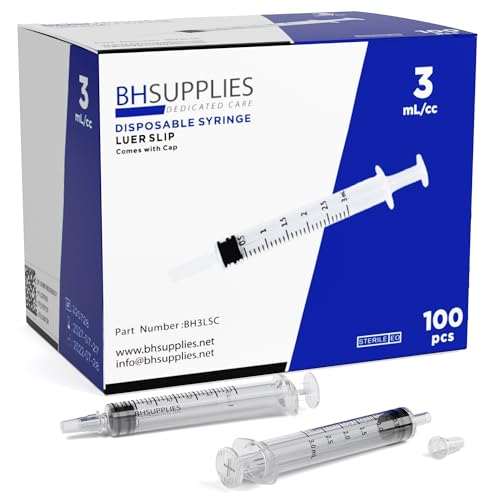 BH Supplies 3ml Luer Slip Tip Syringe - with Caps - (No Needle) - Sterile, Individually Wrapped - 100 Syringes