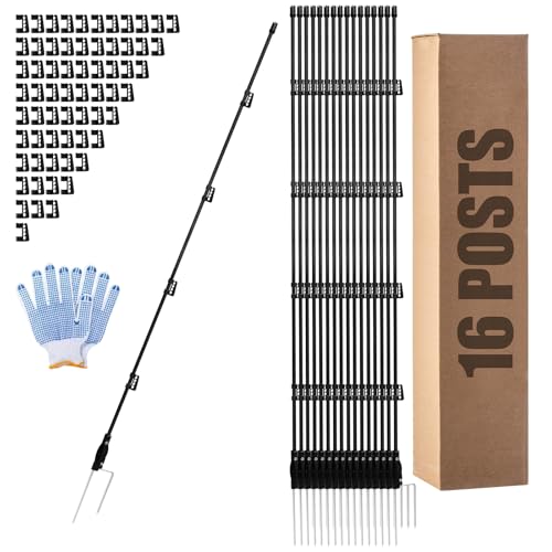 57 Inch / 4.8 Ft Fiberglass Electric Fence Posts, 16 Pack with Double Spikes & 64 Clips - Heavy Duty Farm Garden Livestock Fencing | Holds Wire/Tape/Rope - color: Black, size: 57" 16 Posts-64 Clips