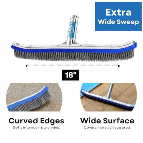 Aquatix Pro Pool Brush Head, 18" Heavy Duty for Cleaning Walls & Floors | Stainless Steel Bristles, Reinforced Aluminum Back, Curved Ends for Corners, EZ Clip, Swimming Pool Brushes for Tiles & Steps