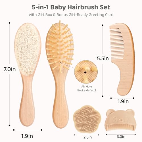 5 Piece Baby Hair Brush Set, Wooden Baby Brush and Comb Set with Natural Soft Goat Hair Bristles, Cradle Cap Brush, Baby Essentials Grooming Kit for Boy Girl