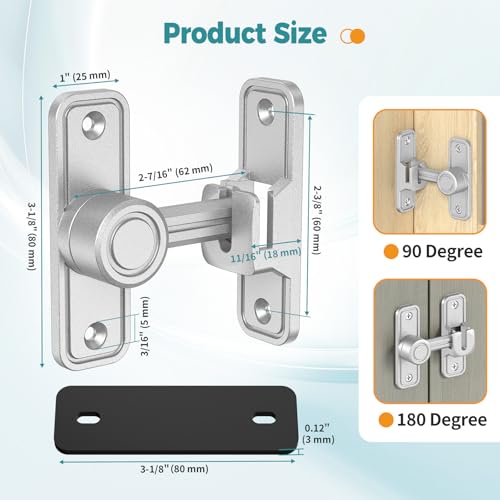 Barn Door Lock 2.4" 90/180 Flip Gate Latch, Sliver 2-Pack | Heavy Duty Zinc Alloy Sliding & Swing Door Latch for Barn, Gate, Fence, Shed - color: Silver-2 Pcs