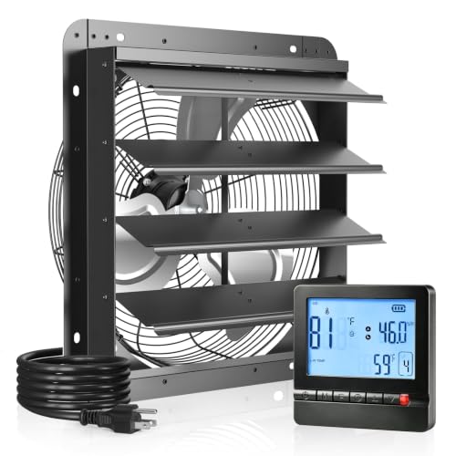 Amico 16" Shutter Exhaust Fan, Remote Thermostat & Humidity 68W EC 2068 CFM | 8-Speed Auto Adjust Wall Mount Vent Fan, for Greenhouse, Garage, Chicken Coop, Gable Wall Vent, Quiet, 3-Year Protection - size: 16 Inch