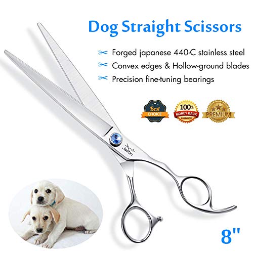 JASON Dog Grooming Scissors Shears - 8" Straight Long Pets Trimming Kit | Premium Cats Shear with Offset Handle and a Jewelled Screw, Sharp Comfortable, Gift - size: 8.0", style: Straight