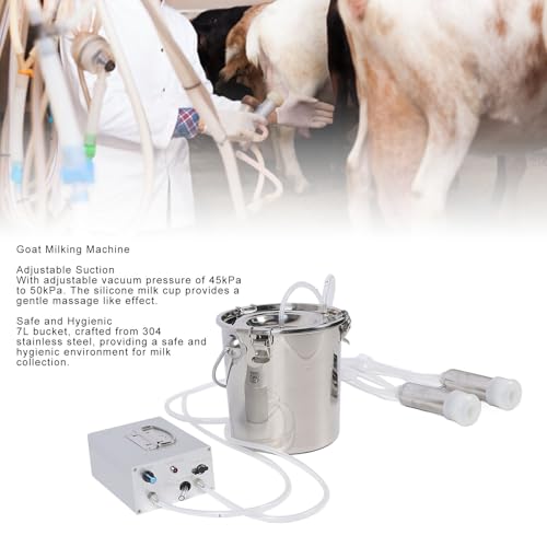 Electric Milking Machine, Portable Vacuum Milker with 5L Stainless Steel Bucket and Adjustable Pulsation, for Goat and Cow, Rechargeable Battery Operation