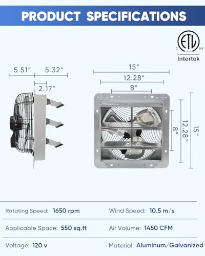 KEN BROWN 12 Inch Shutter Exhaust Fan Wall Mounted,Aluminum with 1.65 Meters Power Cord Kit,High Speed 1450CFM,Vent fan for Commercial,Greenhouse,Attic,Shed,Shop - size: 12 Inch