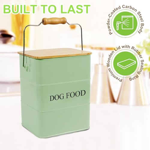 Dog Food storage container Dog Treats Jar,5~6 lb Metal food treats tin for Dog, pet snacks Canisters with wooden lid/handle/sevice scoop-Green - color: Dog-Green