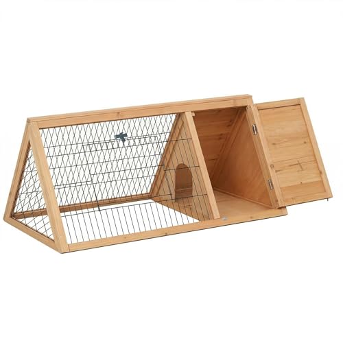 PawHut 46" x 24" Wooden A-Frame Outdoor Rabbit Hutch, Small Animal Cage, Bunny Hutch with Outside Run & Ventilating Wire, Yellow | Wooden Chicken Coop with Run for Rabbit, Small Duck Chicken, Garden Backyard Farms - color: Brown