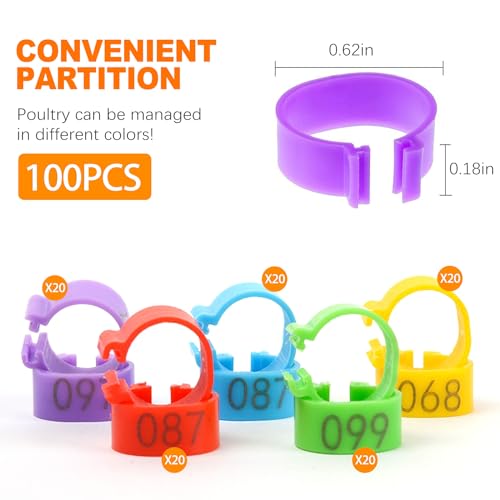 CougZed 100 Pcs Chicken Leg Bands - 16mm Colorful Numbered Chicken Tags for Legs, Poultry Leg Bands for Ducks, Chicks, Goose, Gamefowl, Turkey