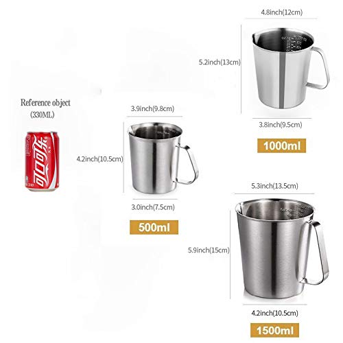 32Oz/4Cup Stainless Steel Pitcher (SUS304), 1 Liter Metal Container for Water, Milk, Liquid with Handle with Engraved Markings, Silver - size: 1000ML