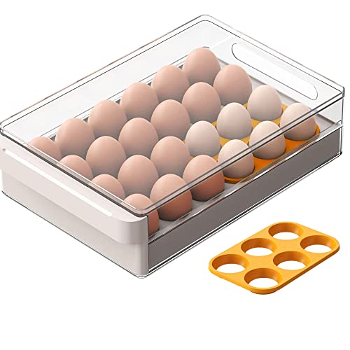 Egg Storage Container - BPA Free Refrigerator Organizer Bins, Stackable Egg Holder, 24 Egg Tray, Clear Egg Drawer - color: Yellow