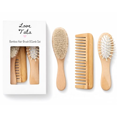 Luxury Baby Brush Set 3-Piece Bamboo Hair Brush & Comb Kit – Soft Goat Bristle Brush, Wooden Comb & Massage Brush for Newborns, Infants & Toddlers – Gentle Cradle Cap Care