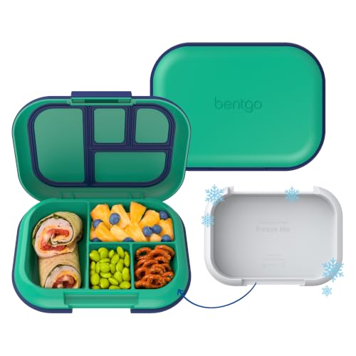 Bentgo Chill Kids 4-Compartment Bento Box Leakproof Lunch Box | Built-In Ice Pack, 3.3 Cup Capacity, BPA-Free, Microwave & Dishwasher Safe Tray, Ideal for Ages 3–7 (Green/Navy) - color: Green/Navy