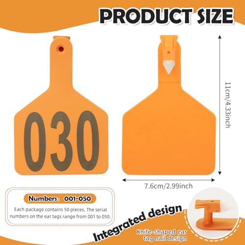 One-Piece Cattle Ear Tags 001-050 Number TPU Large Size Animal Identification Tags Cattle Livestock Ear Tags for Cows Hogs Sheep Tagging Farm Animal Supply (001-050, Orange) - color: Orange