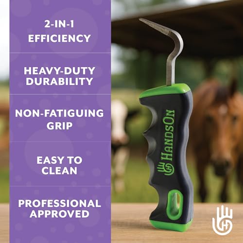 Handson Hoof Pick - Horse Grooming Supplies for Daily Cleaning & Maintenance - Metal Pick w/Hoof Filer for Horses - Ergonomic Grip