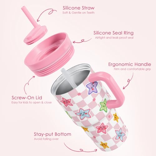 SANDJEST Checker and Star Stainless Steel Tumbler 20oz with Handle and Silicone Straw Locking Lid for Kids Girls, Birthday Christmas Back to School - color: Checker 1