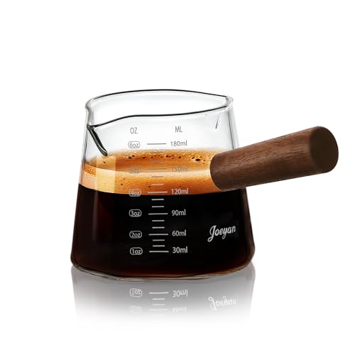 Joeyan 6 oz Glass Measuring Cup with Double Spouts,Borosilicate Espresso Shot Glasses with Wooden Handle,Claer Measuring Triple Milk Frothing Pitcher for Coffee Tea - color: 6 Oz Dual Spouts Measuring Cup