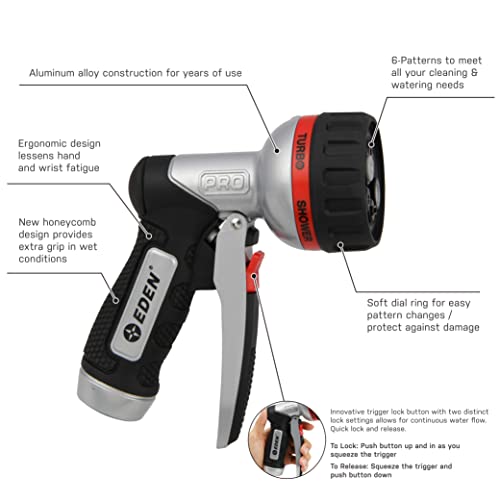 Eden PRO 94833 Metal Front Trigger 6-Pattern Turbo Nozzle | Heavy-Duty Hose Sprayer for Garden, Lawn, Plants, Outdoor Cleaning, Durable Aluminum Core, Quick Connect Set Bundle - style: Front Trigger