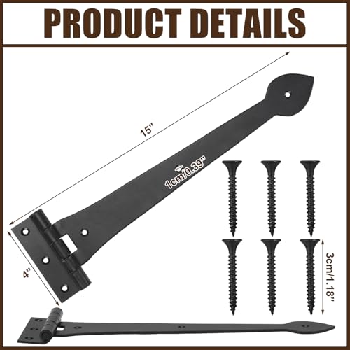 2 Pack 15 Inch Heavy-Duty T-Shape Strap Hinge with Screw Black Powder Coated Wrought Iron Spade Tip Strap Door Gate Hinges for Shed Barn Fence Blind Shutter Wood Frame Doors (Classic Style)