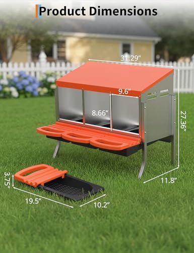 Metal Chicken Nesting Box with Easy-Collect Tray & Lid – 3/4/2x2 Compartment Heavy Duty Roll Away Nesting Boxes for Chickens, Wall Mount or Freestanding, Galvanized Steel Hen Laying Box for Coop