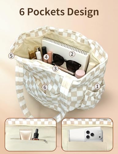 Corduroy Tote Bag for Women, Cute Floral Tote Bag with Zipper, Large Shoulder Handbag with Multi-Pockets for Work Travel Gym - color: Khaki Checkered