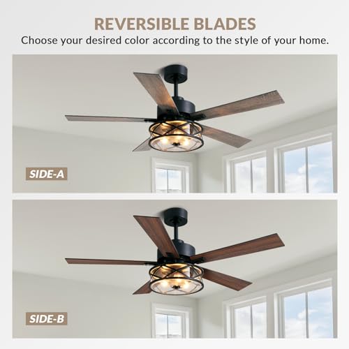 52" Farmhouse Caged Ceiling Fan with Seeded Glass Light | Rustic Fandelier, Walnut Dual Blades, Reversible Quiet DC Motor, Remote Control, 6 Speeds & Timer for Bedroom Living Room - size: 52 Inch - Walnut