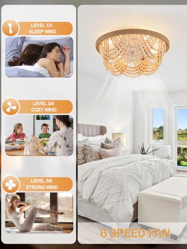 20'' Boho Ceiling Fan with Lights Remote Flush Mount Fandelier | Wood Beaded Coastal Chandelier for Bedroom Living Room, Low Profile Reversible DC Motor 6 Speeds, 4 E26 Bulbs (Not Included) - color: Wood