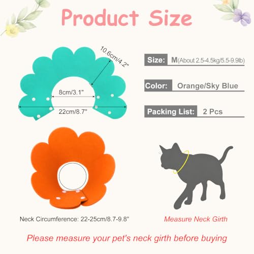 Felt Cat Recovery Collar, Cute Flower Cat Recovery Collar Adjustable Recovery Cones (2Pcs, M 8.7-9.8inch, Orange/Sky Blue) for Small Dogs Kittens Cats - color: Orange/Blue, size: M（2.5-4.5 KG/5.5-9.9 lb）