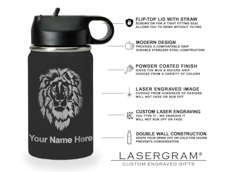 LaserGram Personalized 12oz Water Bottle, Horse (Black) | Engraved Gift, Vacuum Insulated Stainless Steel, Flip-Top Straw Lid, Laser Engraved With Your Name - color: Black, size: 12 Ounces