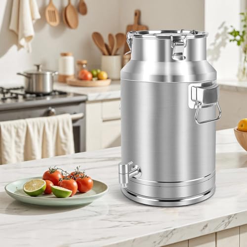 304 Stainless Steel 20 Liter Milk Can, 5.25 Gallon Wine Pail Bucket with Spigot and Sealed Lid, Heavy Duty - size: 20L