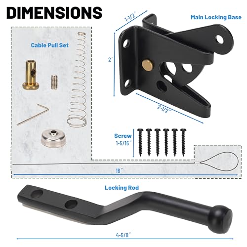 Self Locking Gate Latches with Spring Cable Pull, Post Mount Automatic Gravity Lever Gate Fence Door Lock for Wooden Fence/Vinyl Door/Aluminum Gate, 1 Pack