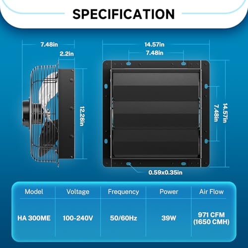 Hon&Guan Shutter Exhaust Fan, 12-Inch Wall Mount Attic Fan with Temperature Humidity Controller, 10-Speed Adjustable, 971 CFM, for Ventilation and Cooling in Greenhouses, Garages, Chicken Coops - color: Black, size: 12 Inch