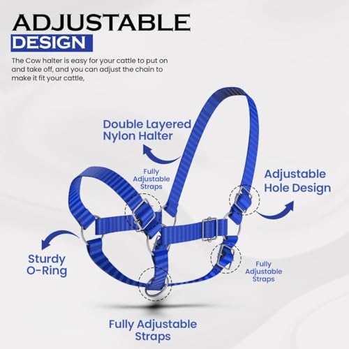 Adjustable Nylon Cow Halter | Calf Halter one Halter for (1 Year to Full Size) Easy Adjustable Straps elimates the Need of Ill-Fitting Cattle Halter - color: BLUE