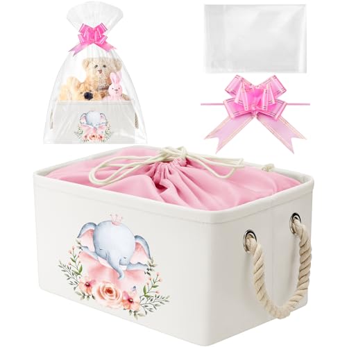 Pickmesh Baby Shower Storage Basket with Gift Bags Rectangular Ribbons Collapsible Canvas Storage Bin with Handles for Diaper Organizing Toy Home DIY Gift Basket, 13 x 9. 1 x 7. 1 Inch(Pink Elephant) - style: Pink Elephant