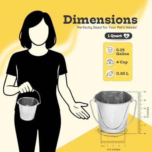Flat Sided Stainless Steel Hanging Bucket, 1 Quart (0.25 Gallon), 4 Pack, Heavy Duty Kennel Cage Food & Water Pail for Small Dogs, Cats, Birds & Pets, Durable, Easy to Clean Feeder - size: 1 Quart (Pack of 4)