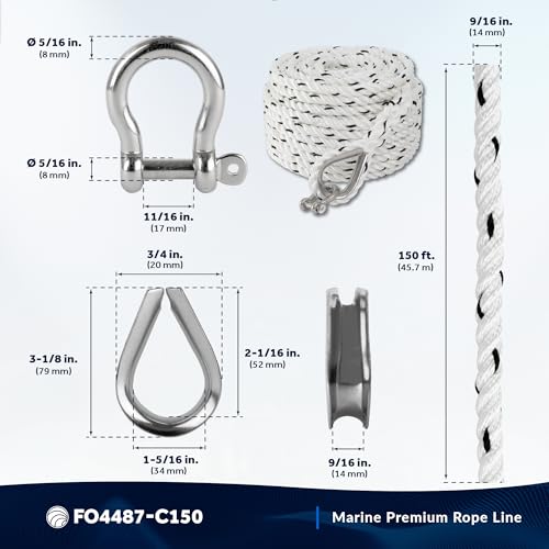Five Oceans Anchor Line 9/16" x 150', Anchor Rope Line, Marine Premium 3-Strand White Nylon Boat Anchor Rope - Stainless Steel Thimble and Shackle, Ideal for Mooring Anchoring Towing - FO4487-C150 - style: 9/16 inch x 150 ft