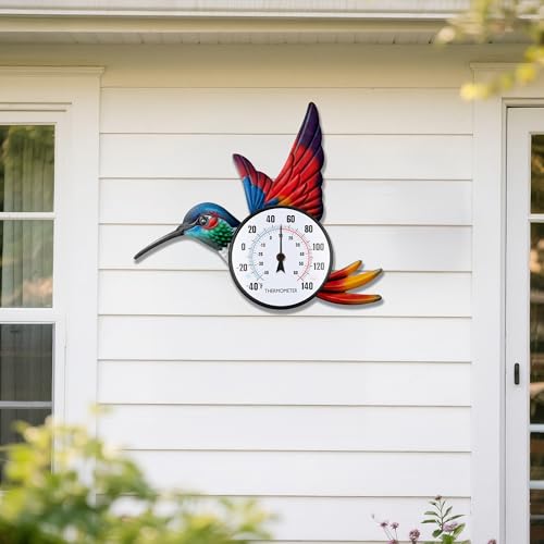 Indoor Outdoor Thermometer, Large Wall Hummingbird Thermometer Hygrometer No Need Battery, Easy to Read Decorative Outside Thermometer for Patio, Garden，Yard