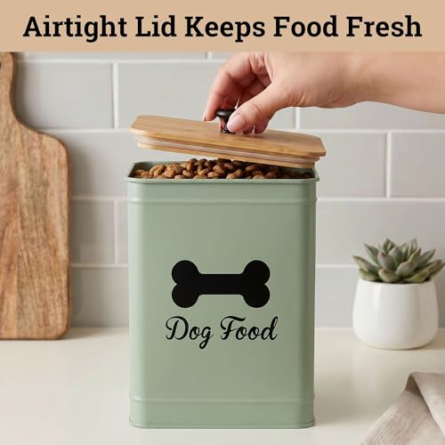 Metal Dog Food Container 5-7lb, 25 Cup w/ Airtight Bamboo Lid, Metal Handle | Pet Jar For Dogs up to 50lbs, Airtight Bamboo Lid, Sturdy Comfortable Metal Handle, Powder Coated Iron, Kibble Storage Bin - color: Sage Green: Bone