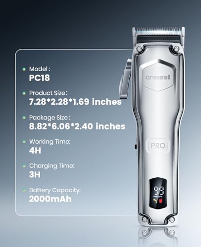 oneisall PC18 Dog Clippers for Grooming for Thick Coat | 6800 RPM High-Speed, Detachable Stainless Steel Blades,4 hours of battery life, Dog Shaver for Thick/Matted/Knotted/Hair