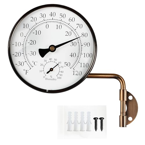 4" Brass Analog Outdoor Thermometer & Humidity Gauge, Vintage Decor | Easy Install, Battery-Free, Window Readable for Patio Garden Garage Greenhouse - color: 4 INCH