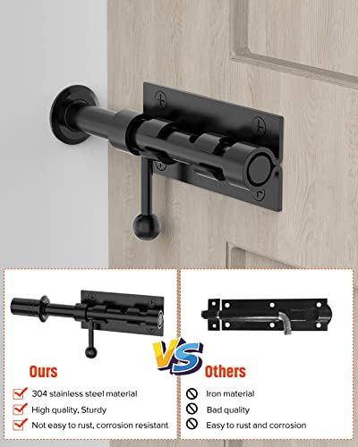 Heavy Duty Slide Bolt Gate Latch Hardware, 6.3 Inch, Black | Solid 304 Stainless Steel Latches Electroplating Finish, Barrel Bolt Lock for Wooden Fence, Interior, Yard/Barn/Shed Door - color: Black - 1 Pack