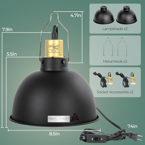 2 Pack Reptile Light Fixture, 8.5in Deep Dome Reptile Heat Lamp Fixture with Switch, Dual Terrarium UVB Basking Light Fixture for Chameleons Chicks, Suitable for E26 Bulbs Up to 150W - size: 8.5IN 150W