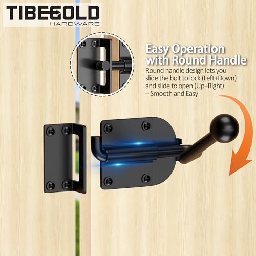 Slide Bolt Gate Latch, Heavy Duty Door Latch Hook Style, Sliding Gate Lock Latch with Ergonomic Round Handle, Black Gate Hardware for Outdoor Wooden Fence, Shed Door, Barn Door, 1 Pack
