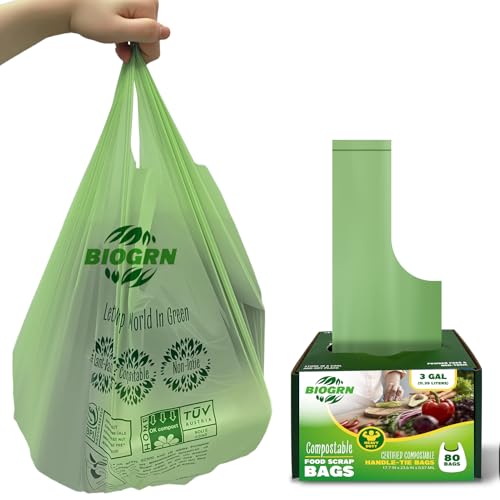 2.6-3 Gallon Compostable Trash Bags with Handles 80 Count 0.67 Mil 11.36 L Small Kitchen Wet Food Scrap Waste Compost Bag for Countertop Bin ASTM D6400 US BPI and OK Compost Home Certified - color: 3 Gallon Handle Tie, 80 Count
