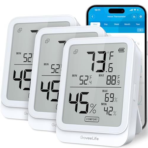 GoveeLife Bluetooth Hygrometer Thermometer H5104, LCD Digital White 3-Pack | Indoor temperature monitor with APP alert & 2-yr data storage export, humidity meter for greenhouse/wine cellar/bedroom - color: White, size: 3Pack