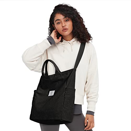 KALIDI Corduroy Tote Bag, Large Slouchy Hobo Messenger Crossbody Bag | Anti Splash Zipper Side Pockets Shoulder Bag Adjustable Strap Lightweight Casual Work Shopping Women - color: Black