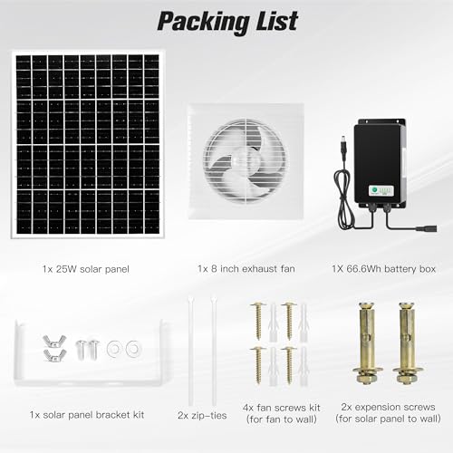 blessny 8" Solar Rechargeable Exhaust Fan for Greenhouse, Chicken Coop | 25W Solar Powered Ventilation Vent Fan with 66.6 Wh Battery Backup for Outdoor Air Circulation - size: 8" Fan Large Kit