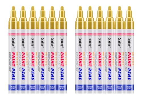 Gold Paint Markers, 12 Pack Oil-Based Waterproof Quick Dry Permanent Paint Pen Set for Rocks Painting, Wood, Fabric, Plastic, Canvas, Glass, Mugs, Metal, Tire, Stone, DIY Craft - color: Gold