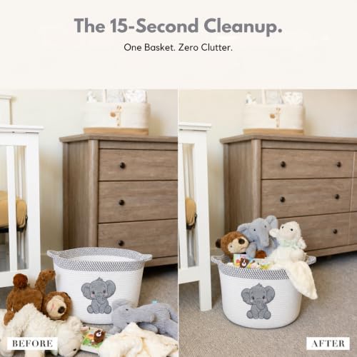 Elephant Baby Storage Basket, Woven Cotton Rope Nursery Bin, 15x11 in | Stuffed Animal and Blanket Storage, Soft Felt Elephant Patch, Neutral Baby Room Decor, Baby Shower, Kids Playroom Organizer - color: Neutral Elephant