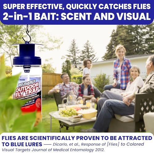 2 Fly Traps Outdoor Fly Trap for Patio with 4 Non-Toxic Dissolvable Bait Refills. Reusable Hanging Bug Catcher Killer for All Filth Flies for Outside Bug Control Yard Ranch. Hanging Chains Included. - style: 2pack